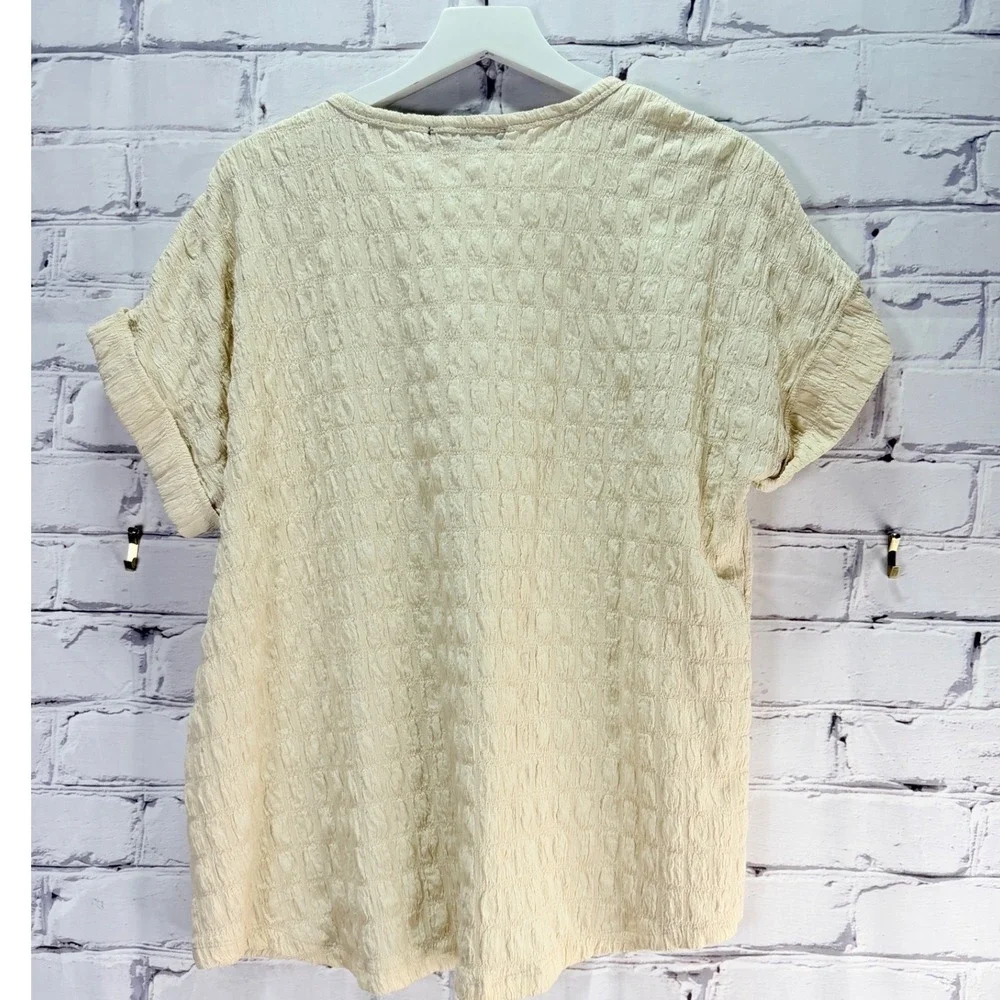 Fred David Textured Knit Top Women L Cream Boho Crochet Lace Short Sleeve Summer